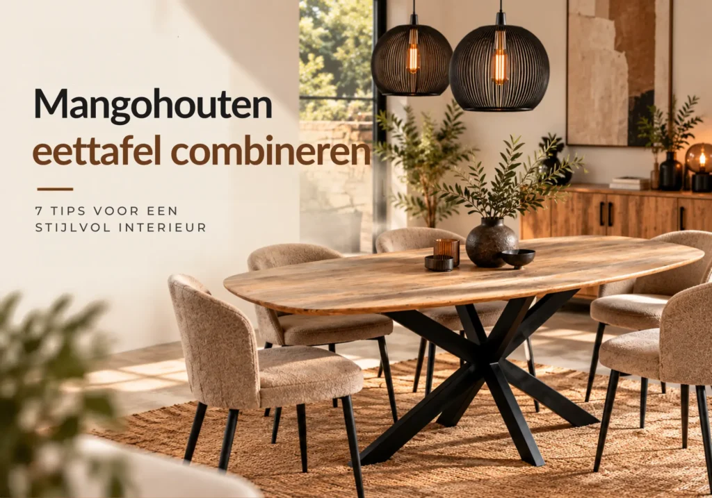 Mangohouten eettafel met zwart metalen onderstel en gestoffeerde eetkamerstoelen