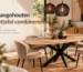Mangohouten eettafel met zwart metalen onderstel en gestoffeerde eetkamerstoelen